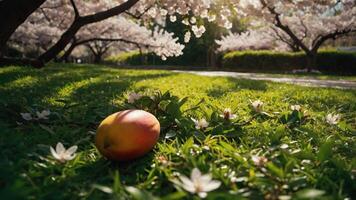 A vibrant scene with a mango on grass beneath blooming cherry blossom trees. photo