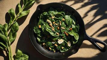 A skillet filled with fresh spinach, nuts, and seeds, showcasing a healthy dish. photo