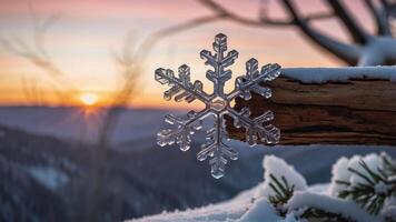 A snowflake ornament hangs from a log as a sunset paints the sky in warm colors. photo