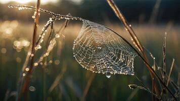 A close-up of a dew-covered spider web on grass, illuminated by soft morning light. photo
