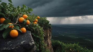 Oranges on a rocky ledge with a stormy sky and distant rain in the background. photo