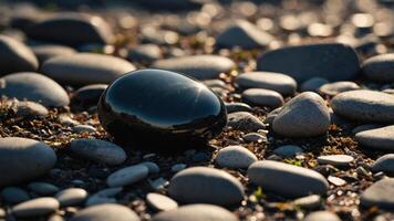 A smooth black stone surrounded by various pebbles on a sandy surface. photo