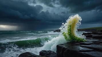 A dramatic wave crashes against rocks under a stormy sky, creating a vivid display of nature. photo