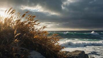 A coastal scene with waves crashing against rocks and golden grass in the foreground. photo