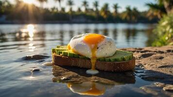 A poached egg on avocado toast by a serene water body at sunset. photo