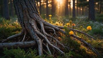 A serene forest scene featuring tree roots and wildflowers illuminated by sunlight. photo