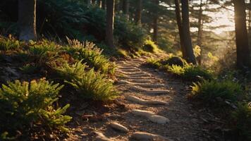 A serene forest path lined with stones and ferns, illuminated by soft sunlight. photo