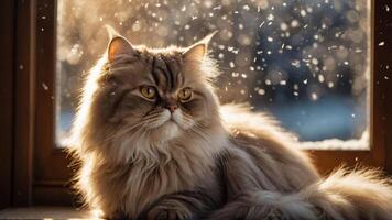 A fluffy cat gazing out a window with snowflakes falling softly in the background. photo