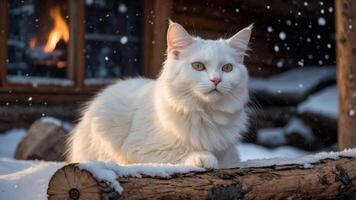 A fluffy white cat rests on a log in a snowy landscape with a cozy cabin in the background. photo