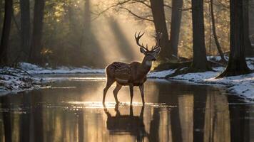 A serene deer stands in a misty forest with sunlight filtering through the trees. photo
