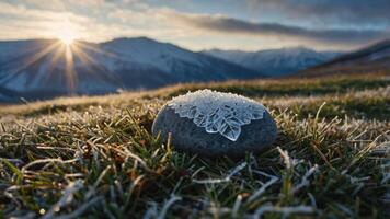 A frosty stone adorned with ice crystals, set against a mountainous sunrise backdrop. photo