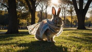 A rabbit wearing a scarf sits in a park, illuminated by sunlight through trees. photo