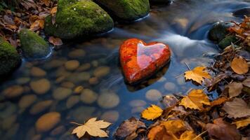 A heart-shaped stone rests in a tranquil stream surrounded by autumn leaves and smooth pebbles. photo