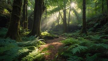 Lush forest scene with sunlight filtering through trees, creating a serene atmosphere. photo