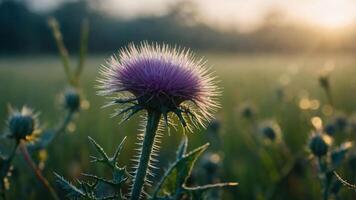 A close-up of a thistle flower with soft lighting in a natural field setting. photo