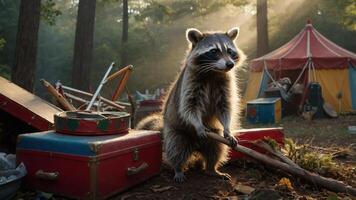 A raccoon stands in a forest with scattered camping gear and a circus tent in the background. photo