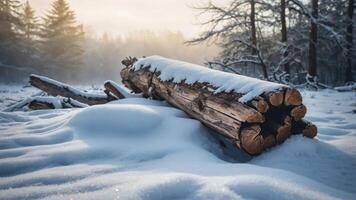 A serene winter landscape featuring a snow-covered log amidst a tranquil forest setting. photo