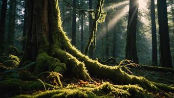 A serene forest scene with moss-covered roots illuminated by sunlight. photo