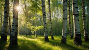 Sunlight filters through birch trees in a serene forest setting. photo