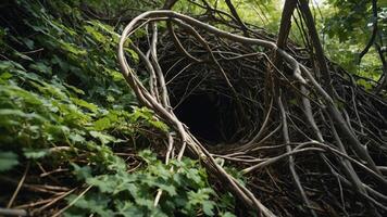 A dark entrance to a natural tunnel surrounded by lush green foliage and vines. photo