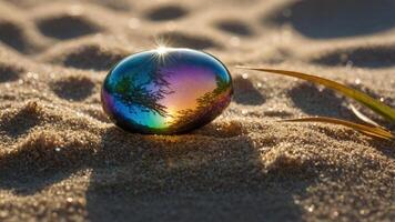 A colorful, reflective egg-shaped object resting on sandy ground with natural elements. photo