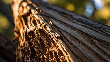Close-up of textured tree bark highlighting natural patterns and light. photo