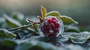 A raspberry is covered in ice on a leaf photo