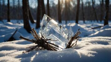 A crystal block rests on snow, surrounded by trees, reflecting sunlight in a serene winter landscape. photo