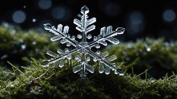 A close-up of a snowflake resting on moss, showcasing intricate ice patterns and textures. photo