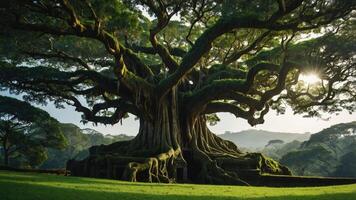 A majestic tree with sprawling branches and lush greenery under a bright sky. photo