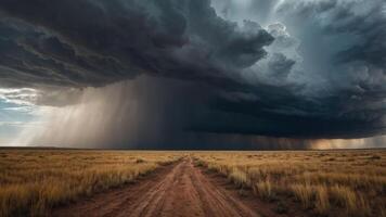 Dramatic storm clouds loom over a dirt road in a vast, open landscape. photo