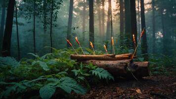 A serene forest scene featuring glowing arrows on a log amidst lush greenery. photo