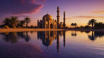 A serene mosque at sunset, reflecting in a calm pool surrounded by palm trees. photo