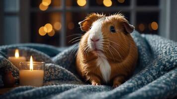 A guinea pig resting on a cozy blanket near candles, creating a warm ambiance. photo