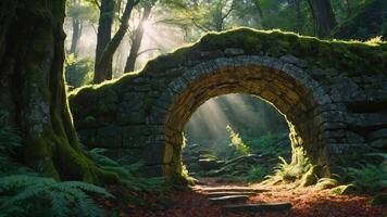 A serene stone archway in a lush forest illuminated by soft sunlight. photo