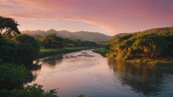 Serene river landscape at sunset, reflecting vibrant colors and surrounded by lush greenery. photo