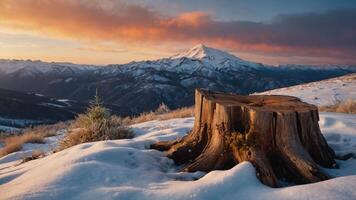 A scenic winter landscape featuring a snow-covered mountain and a tree stump at sunset. photo