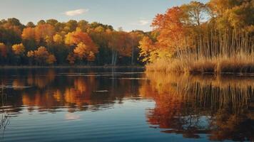 A serene autumn landscape reflecting colorful trees in calm water. photo