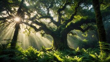 A majestic tree stands in a sunlit forest, surrounded by ferns and shafts of light. photo