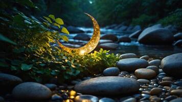A glowing crescent moon lantern rests among smooth stones by a serene stream. photo