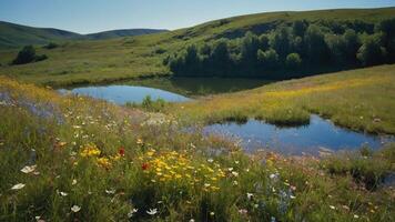 A serene landscape featuring a pond surrounded by vibrant wildflowers and rolling hills. photo