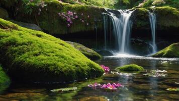 A serene waterfall surrounded by lush greenery and blooming flowers. photo