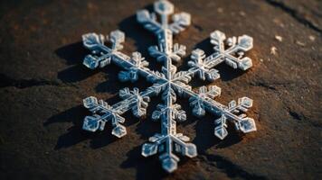 A close-up of a delicate snowflake resting on a textured surface, showcasing its intricate design. photo