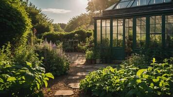 A serene garden scene featuring a greenhouse surrounded by lush greenery and vibrant plants. photo