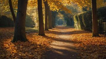 A serene autumn pathway lined with trees and fallen leaves, inviting a peaceful stroll. photo