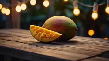 A ripe mango sliced on a wooden table with warm string lights in the background. photo
