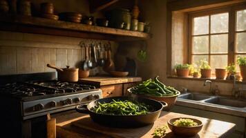 A rustic kitchen scene with fresh vegetables and natural light. photo