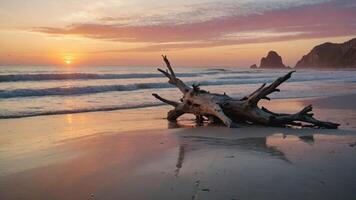 A serene beach scene at sunset featuring a driftwood log reflecting in the water. photo