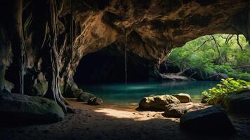 A serene cave with a tranquil pool surrounded by lush greenery and sandy floor. photo