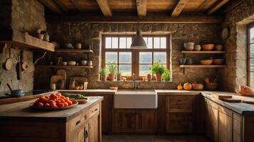 A rustic kitchen with wooden features, plants, and fresh vegetables for cooking. photo